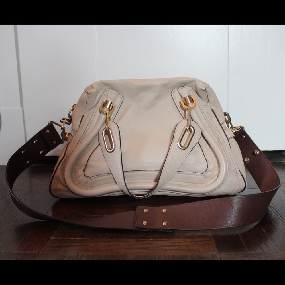 Chloe Cream and Brown Leather Satchel with Curved Design